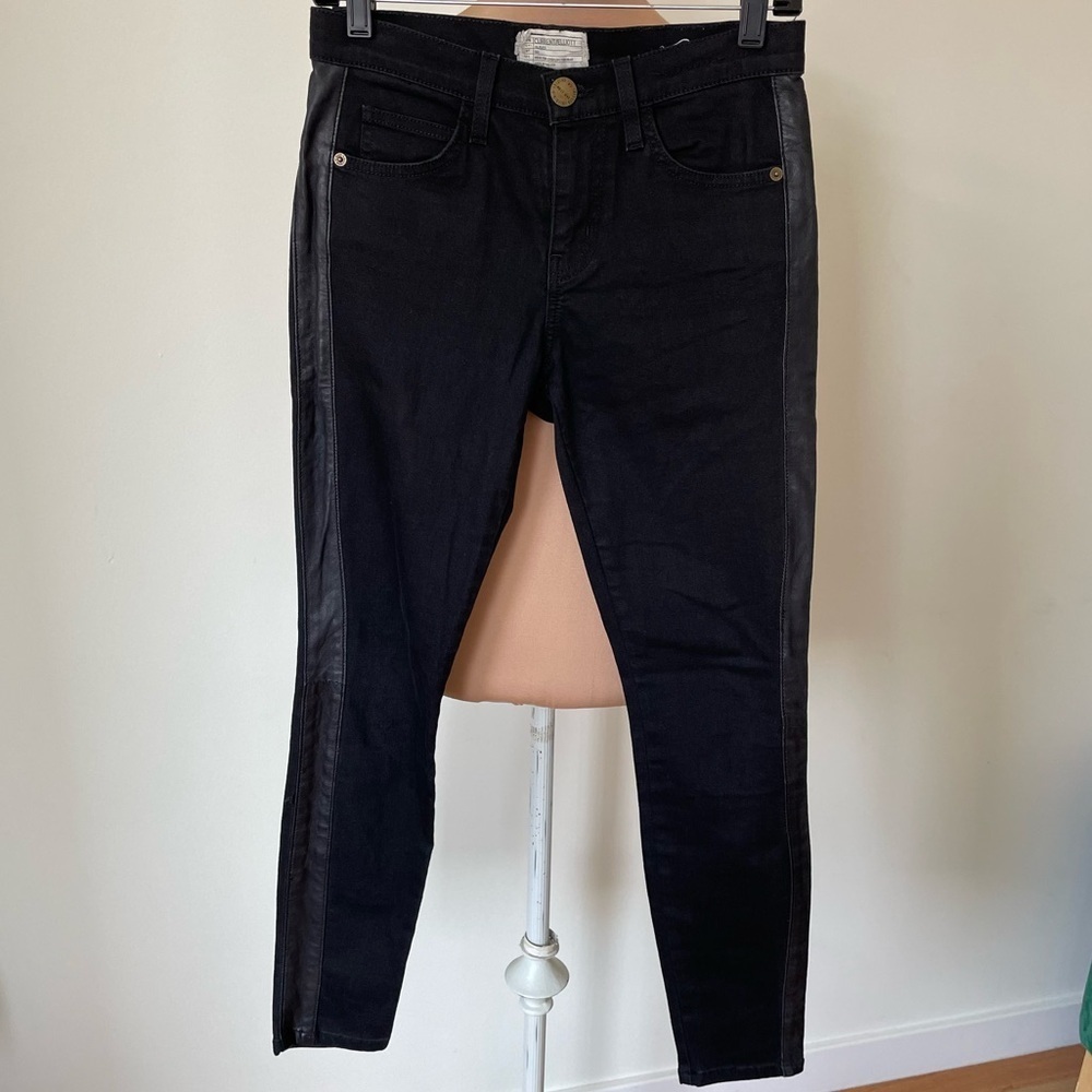 Current Elliott High Waist Crop Rider Matte Black Leather Stripe Skinny Jeans 25